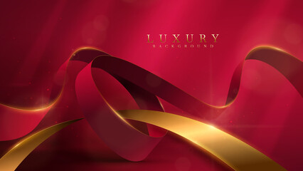 Luxury gold ribbon on red background with glitter light effect and beam element and bokeh decoration