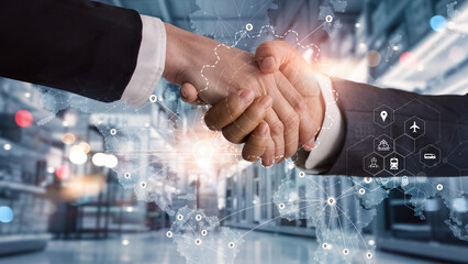 Poster - Smart logistics and transportation. Handshake for successful of investment deal teamwork and partnership business partners on logistic global network distribution. Business of transport industrial.