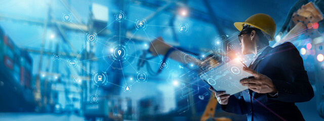 Poster - Businessman holding virtual interface panel of global logistics network distribution and transportation with robotics process automation, Smart logistics, Innovation future of transport.