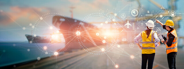Aufkleber - Engineers pointing virtual interface panel of global logistics network distribution and transportation, Smart logistics, Import export and industry, Technology and innovation future of transport.