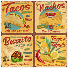 Mexican Food Vintage Vector Poster Collection.Retro Tacos,Nachos,Burrito,Tequila Metal Sign.