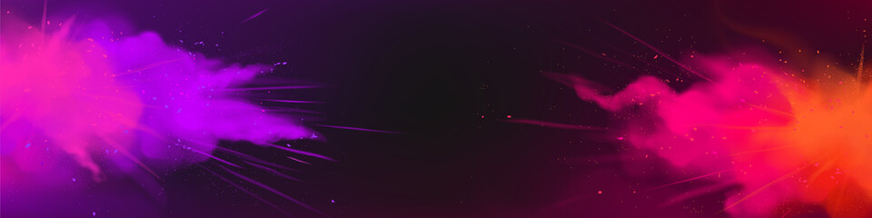 Wall Mural - banner with color powder explosions, splashes of pink, orange and purple dust with particles. vector