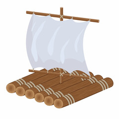 Wall Mural - wooden raft with sail, color isolated vector illustration in cartoon style