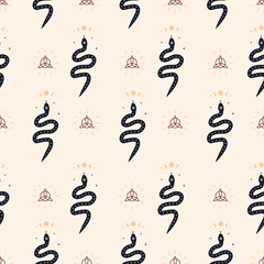 Wall Mural - Seamless pattern with boho magic snake and moon. Mystical symbol in a trendy minimalist style. Esoteric vector illustration. Hand drawn bohemian fabric design or package paper.