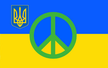 Pacifist green sign against the background of the flag and coat of arms of Ukraine. 