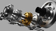 Car gearbox in 3d, gear transmission. Steel and gold gears on the shaft, isolated on the background.