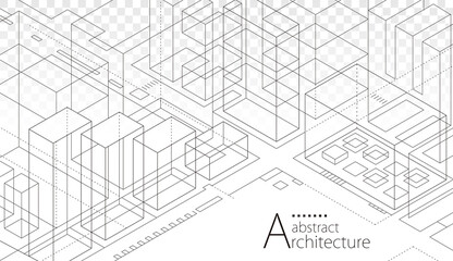 Aufkleber - 3D illustration Imagination architecture building construction perspective design,abstract modern urban building out-line black and white drawing.
