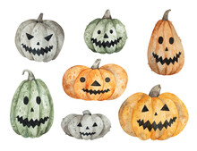 Watercolor Set Of Seven Halloween Pumpkins On White Background
