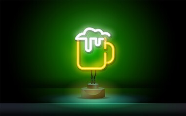 Wall Mural - Mug of beer with foam neon sign. Beer and party design. Night bright neon sign, colorful billboard, light banner. Vector illustration in neon style.