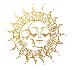 Wall Mural - golden sun and crescent moon together, hand drawn boho illustration for astrology, tarot, esoteric. 