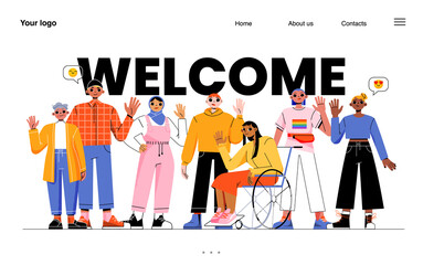 Wall Mural - Welcome landing page. Diverse people group, business team, disabled and healthy characters waving hand show greeting gesture. Multinational men and women saying hello, Line art flat vector web banner