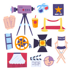 Wall Mural - Cartoon Color Cinema Sign Icon Set Include of Glass, Ticket, Camera and Filmstrip. Vector illustration of Icons