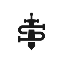 letter S with a silhouette of the sword. medieval logo theme.