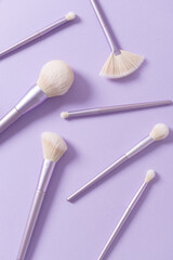 Set of different make up brushes, violet make up tools on violet background. Professional make up brushes for visagist. Cosmetic composition. Magazine, cosmetics store, social media. Vertical