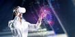 © Who is Danny - Attractive young caucasian businesswoman with VR glasses using abstract polygonal sphere on blurry office interior background. Metaverse, augmented reality and future concept. Double exposure.