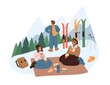 People at ski resort on winter holidays. Friends relaxing, eating. Halt, break after wintertime sports activity. Happy vacations in snow mountain. Flat vector illustration isolated on white background