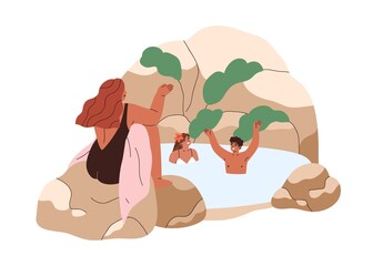 People swimming in mountain lake, hot spring among rocks. Happy friends relaxing in water outdoors. Man and women resting in summer nature. Flat vector illustration isolated on white background