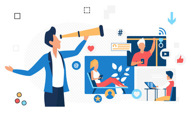 Wall Mural - Isometric vector illustration of cartoon man doing social media marketing and online research on internet. Study monitoring social technology