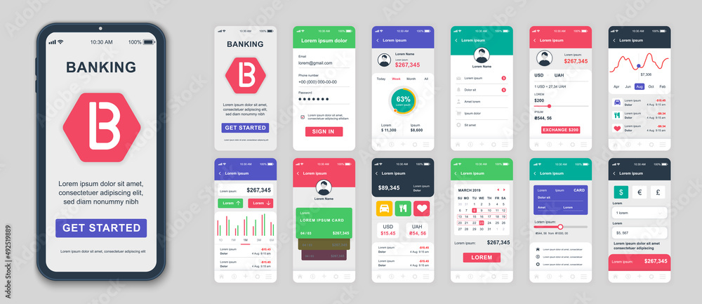 Set of UI, UX, GUI screens Banking app flat design template for mobile ...