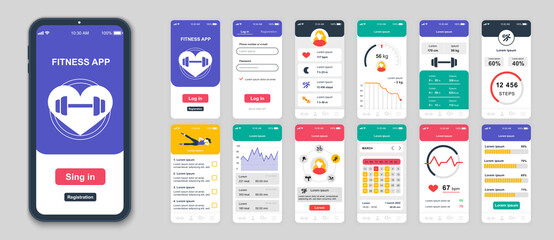 Fototapete - Set of UI, UX, GUI screens Fitness app flat design template for mobile apps, responsive website wireframes. Web design UI kit. Fitness Dashboard.