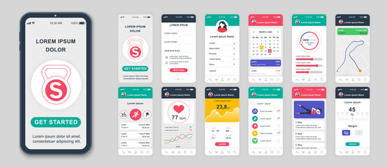 Poster - Set of UI, UX, GUI screens Fitness app flat design template for mobile apps, responsive website wireframes. Web design UI kit. Fitness Dashboard.