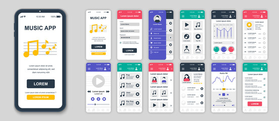 Poster - Set of UI, UX, GUI screens Music app flat design template for mobile apps, responsive website wireframes. Web design UI kit. Music Dashboard.