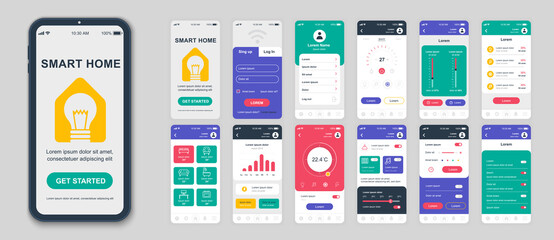 Fototapete - Set of UI, UX, GUI screens Smart Home app flat design template for mobile apps, responsive website wireframes. Web design UI kit. Smart Home Dashboard.
