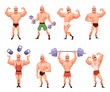 © YummyBuum - Cartoon bodybuilder character posing. Funny strong man with moustache demonstrates muscles, circus athlete in different poses, retro mascot with dumbbell, gym training vector isolated set