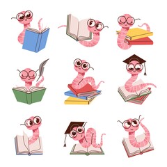Wall Mural - Cartoon book worm. Cute kids intelligent worm mascot in glasses, reading books, funny student animal character, cute colorful earthworm smart insect, education and knowledge symbol vector set
