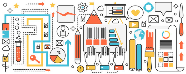 Poster - Creative studio business teamwork. Professional tools for work in hands of office team, company development and optimization with support from agency infographic concept banner, thin line art design
