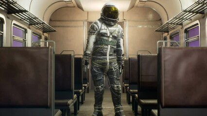 Wall Mural - An astronaut refuses, in an interstellar space train travelling at superluminal speed. The concept of fantasy space travel. The animation is perfect for space, fantasy and sci-fi backgrounds.