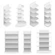 © SERHII - 3d realistic white supermarket shelving display and bookstore racks. Mockup template ready for your design. Vector illustration.