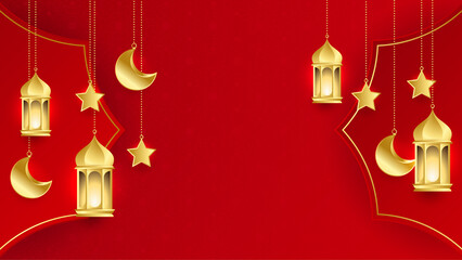 Ramadan Kareem background. Red gold moon and abstract luxury islamic elements background