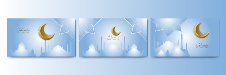 Set of beautiful ramadan kareem blue and gold banner design. Realistic 3D Ramadan Kareem background. Blue gold moon and abstract luxury islamic elements background