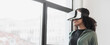 © kite_rin - Young woman using virtual reality headset at home panoramic banner, VR, future gadgets, technology, virtual event, education, study, learning, video game concept