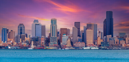 Wall Mural - Seattle skyline view colorful sunset,USA
