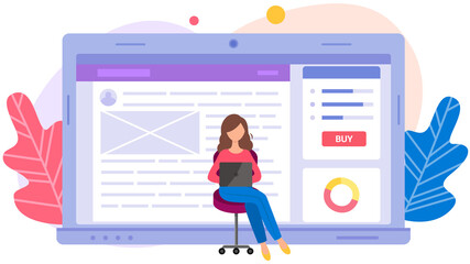 Smart app, retail mobility solutions, internet shopping, Woman uses program for online shopping, payment for goods. Female character with laptop orders goods via Internet on website with buy button