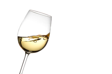 Slanted white wine glass on a white background