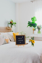Welcome Spring Sign With Vintage Chalkboard On A White Bed With Plants And Flowers