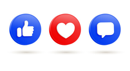 Wall Mural - Social media notification icons in 3d modern button like love comment icon. thumbs up, heart, icons