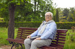 © Studio Romantic - Outdoor portrait of happy senior man sitting in quiet summer park, holding laptop and looking at camera. Old granddad relaxing on wooden bench among green trees, admiring nature and enjoying life