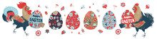 Happy Easter. Colorful Easter Banner With Spring Flowers And A Cheerful Rooster And A Chicken With Easter Eggs.