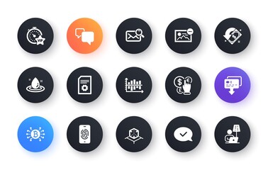 Minimal set of Bitcoin system, Search mail and Fuel energy flat icons for web development. Augmented reality, Diagram chart, Vip timer icons. Speech bubble, Cashback, Fingerprint web elements. Vector