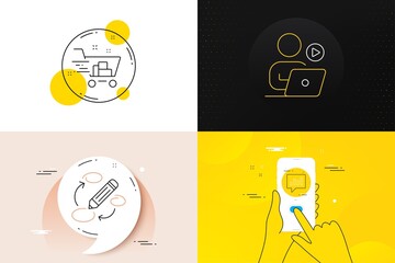 Wall Mural - minimal set of analytical chat, video conference and keywords line icons. phone screen, quote banner