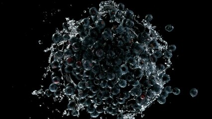 Poster - Super slow motion of rotating blueberries with splashing water, top view. Filmed on high speed cinema camera, 1000 fps.