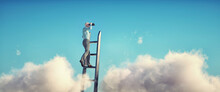 Man On Top Of A Ladder Looks Through Binoculars In The Clouds.