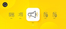 Reject Certificate, Food Delivery And Smile Minimal Line Icons. Yellow Abstract Background. Web Timer, Megaphone Icons. For Web, Application, Printing. Vector