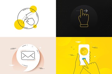 Minimal set of Touchscreen gesture, Messenger mail and Swipe up line icons. Phone screen, Quote banners. Strategy icons. For web development. Slide right, New e-mail, Touch down. Puzzle. Vector