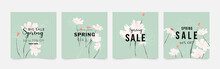 Spring Season Floral Square Cover Template. Set Of Banner Design With Flowers, Leaves And Branch In Line Art Pattern. Watercolor Blossom For Social Media Post, Internet, Ads, Business.