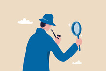 Observation Or Inspection To Find Out And Discovery Useful Information, Detective Or Investigate And Analyze Data Concept, Smart Detective Looking Through Magnifying Glass To Search For Evidence.